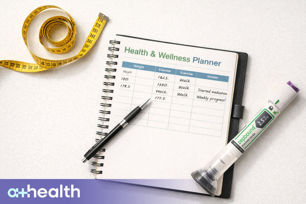 Clean, modern wellness featuring zepbound flat lay with measuring tape, notebook, and neutral tones, no people