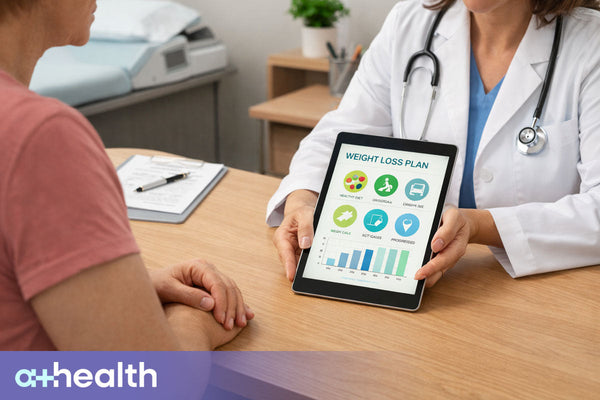 Medical consultation scene with a patient seated across from a licensed medical provider reviewing a tablet with weight loss plan visuals, modern clinic room, soft natural lighting, professional calm atmosphere