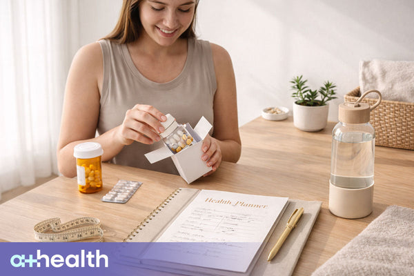 Minimal wellness setup with smiling patient opening medication packaging, measuring tape, and health planner on a clean surface, neutral modern tones
