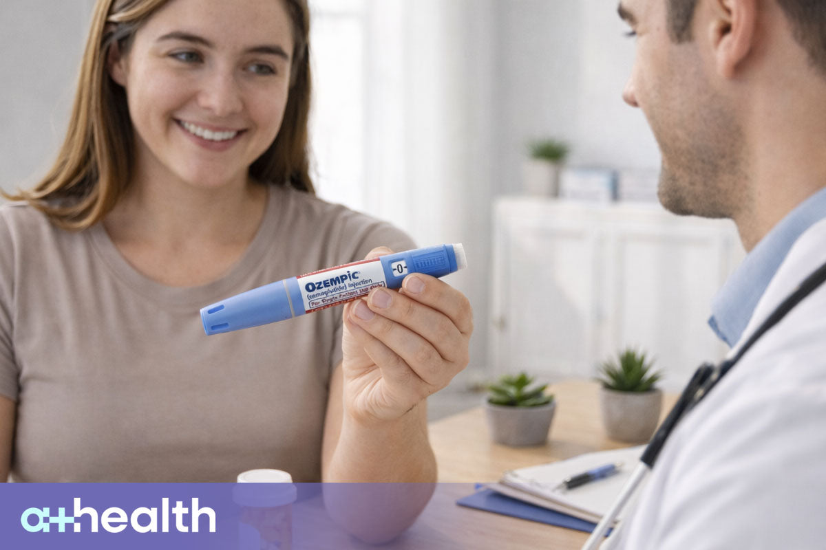 patient holding ozempic weight loss medication in hand discussing treatment with medical professional