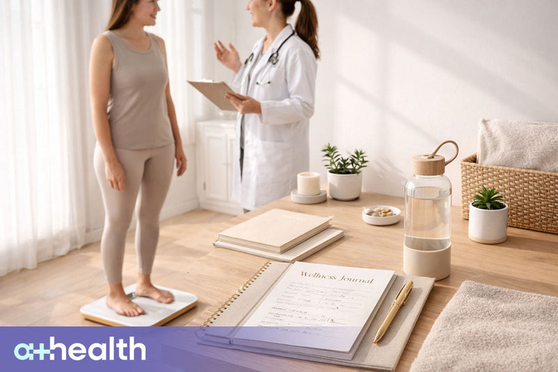 wellness checkup featuring Clean workspace with health journal, water bottle, and neutral tones, modern style and patient standing on scale on floor speaking with medical professional